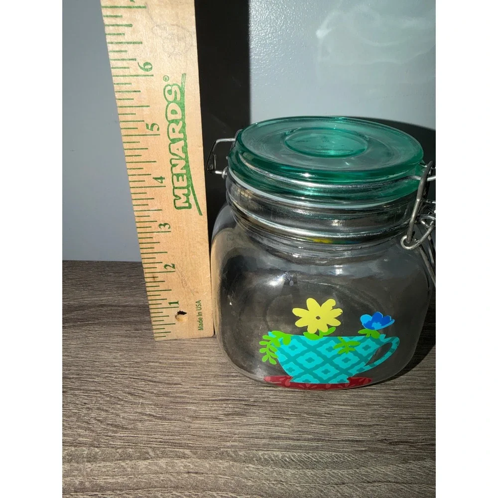 Vintage Style Glass Storage Jar Green Lid Teacup Floral Graphic Wire Bale 5in